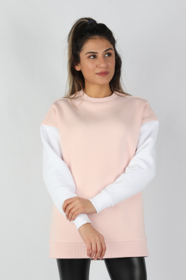 Kadın Kolları Renkli Sweatshirt Pembe - Thumbnail